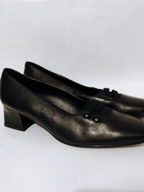 Liz Baker Pumps Leather Chunky Low Block Heel Comfort Square Toe Black 6.5M